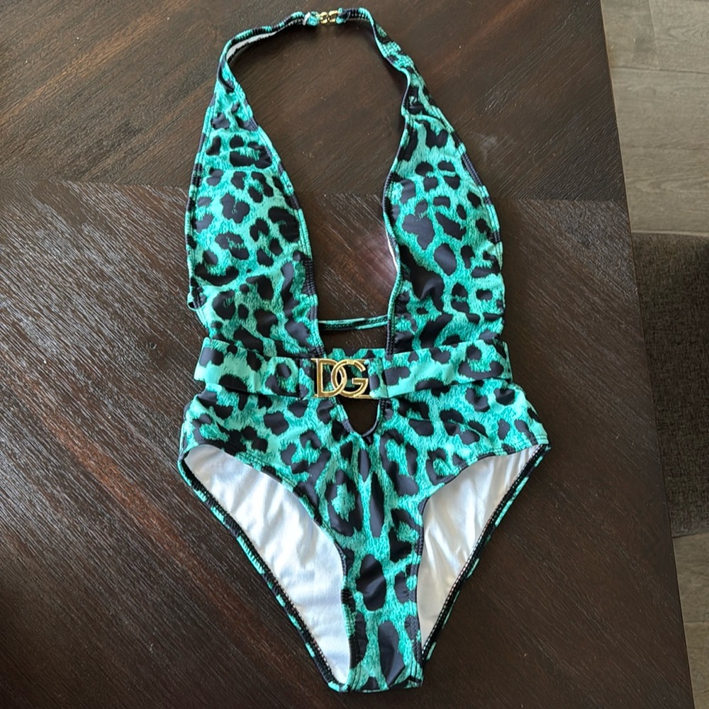 Dolce & Gabbana Teal Leopard Printed Belted One Piece Swimsuit